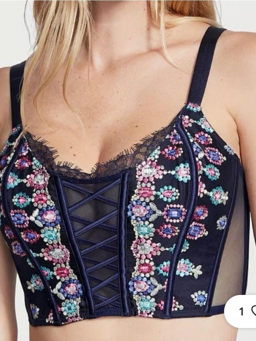 Victoria's Secret Navy Floral Embroidered Lace-Trim Bustier Tank
